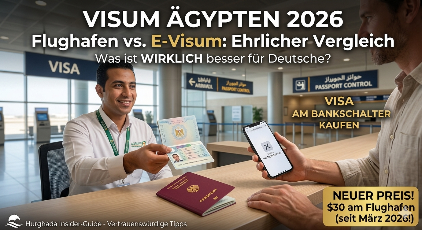 Ein lächelnder ägyptischer Bankangestellter am Flughafen Hurghada überreicht einen Reisepass mit Visum on Arrival, während ein Reisender ein Smartphone mit einer E-Visum-Fehlermeldung hält. Text im Bild: Visum Ägypten 2026 Flughafen vs. E-Visum, neuer Preis 30 USD am Flughafen seit März 2026.