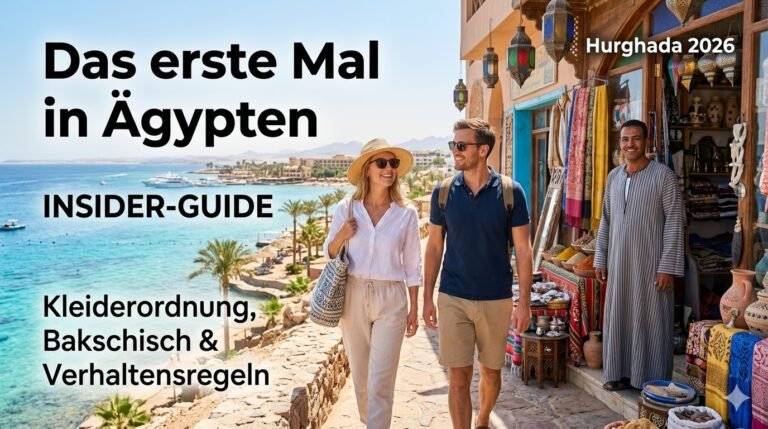 Ein Touristenpaar in angemessener Kleidung spaziert über einen bunten Basar in Hurghada, Ägypten, und lächelt einem einheimischen Händler zu. Titelbild für den Insider-Guide 2026 über Verhaltensregeln, Kleiderordnung und Bakschisch für Ägypten-Urlauber.