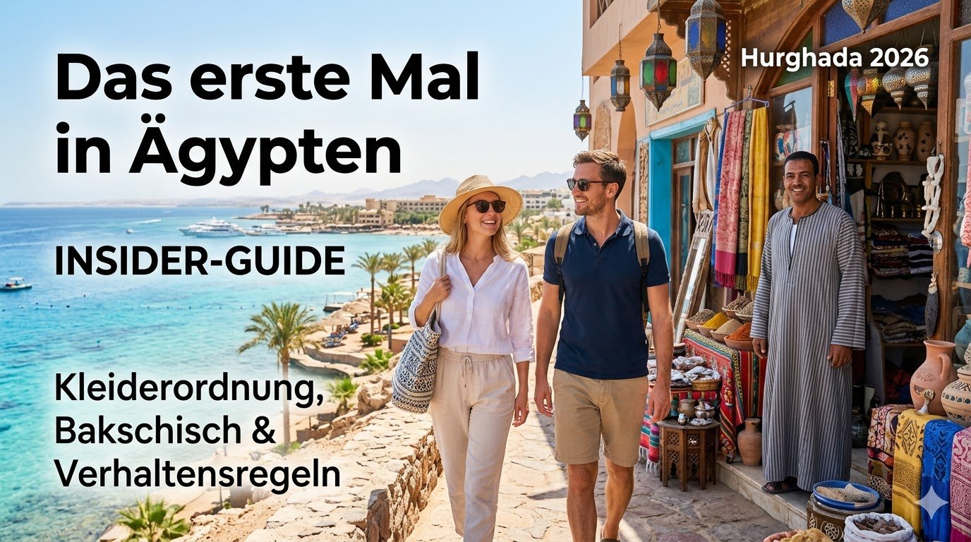 Ein Touristenpaar in angemessener Kleidung spaziert über einen bunten Basar in Hurghada, Ägypten, und lächelt einem einheimischen Händler zu. Titelbild für den Insider-Guide 2026 über Verhaltensregeln, Kleiderordnung und Bakschisch für Ägypten-Urlauber.