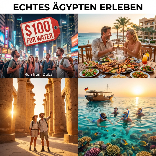 Collage-Bild für Hurghada 2026 Insider-Tipps: Flughafen Visa-Schalter für 30 USD, Uber-Taxi mit Festpreis-Anzeige, Fischer am Fischmarkt mit russischem Schild, und Familie beim Fischessen in der Marina bei Sonnenuntergang. Titel: 'Hurghada 2026: Tipps von Einheimischen'. Maßgeschneidert für deutsche Urlauber, die Authentizität suchen statt Dubai-Superlative.
