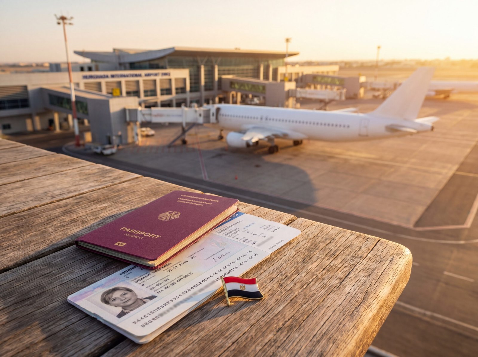 Einreise Hurghada 2026 – Deutscher Reisepass mit ägyptischem Visum-Stempel vor dem Flughafen HRG