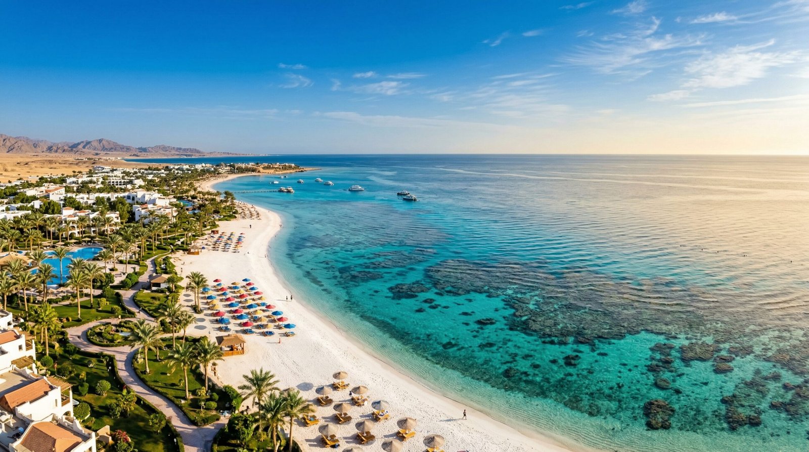 Luftaufnahme eines idyllischen weißen Sandstrandes in Hurghada, Ägypten, mit kristallklarem türkisfarbenem Wasser, sichtbaren Korallenriffen, bunten Sonnenschirmen und grünen Palmen unter einem blauen Himmel.