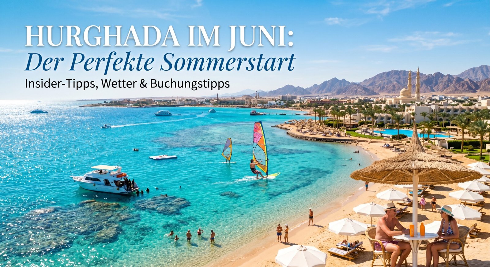 Sonniger Strand in Hurghada am Roten Meer im Juni. Türkisfarbenes Wasser mit Booten, Windsurfern und entspannenden Urlaubern vor der Kulisse der Stadt und Berge. Ideales Wetter für den Sommerurlaub in Ägypten.